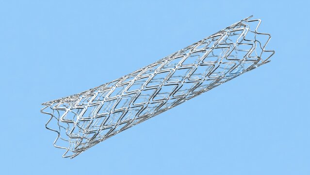 A single metallic mesh stent with an open lattice on a solid light blue background.