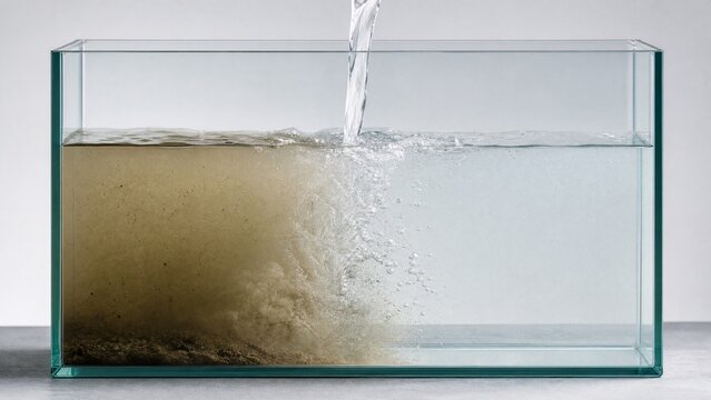 A clear glass tank with a stream of pure water diluting murky water within.