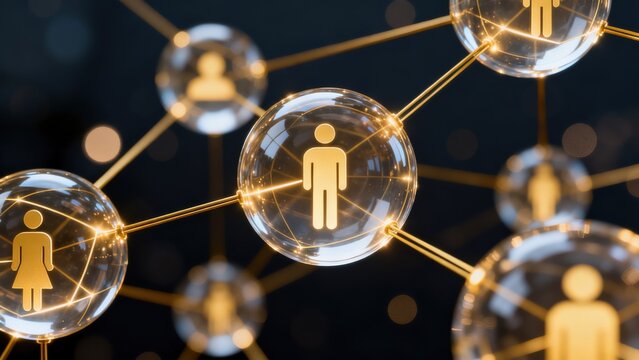 Connected human icons in glass spheres