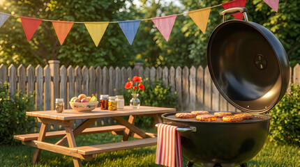 Obraz premium Black charcoal grill with cooking meat patties outdoors on green lawn with picnic table full of food and colorful party bunting flags hanging above in summer garden backyard environment.