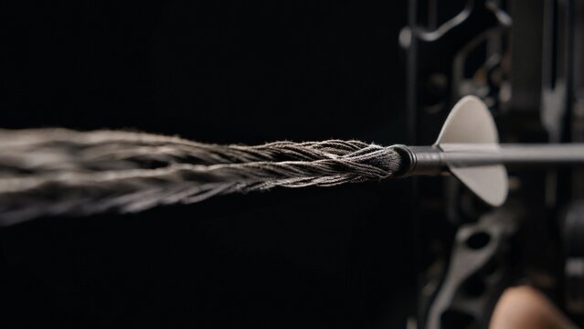 An extreme close-up of a single bowstring pulled taut, with an arrow nocked.