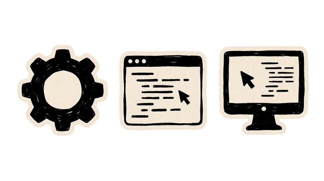 Software development icons with gear browser interface and monitor screen hand drawn software development interface programming technology automation computing application illustration