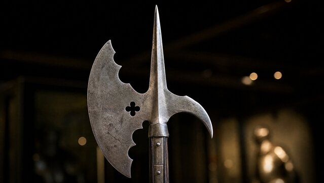 A medieval halberd with axe blade and spear point, displayed in museum lighting.
