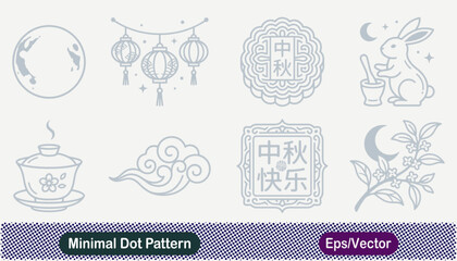 Vector illustration collection of eight Mid-Autumn Festival themed icons featuring traditional elements like the full moon, lanterns, mooncake, jade rabbit, tea, and flowers. © Fahima