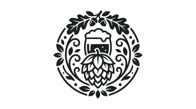 Symmetrical beer mug and hops wreath ornament.