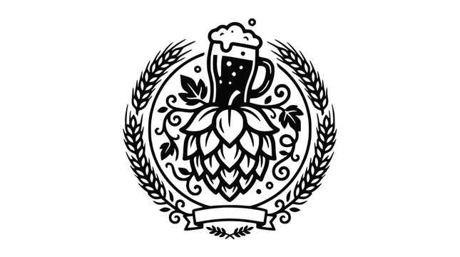 Ornate hops and beer mug circular crest.