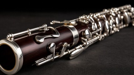 Obraz premium A dark wood bassoon with silver keys, showcasing its elegant curves in a close-up view.
