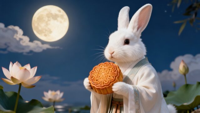 Rabbit holding mooncake under full moon