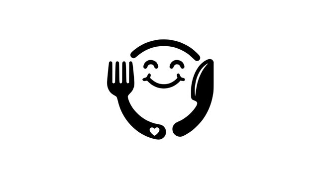 Minimalist smiley face restaurant logo with fork and knife.