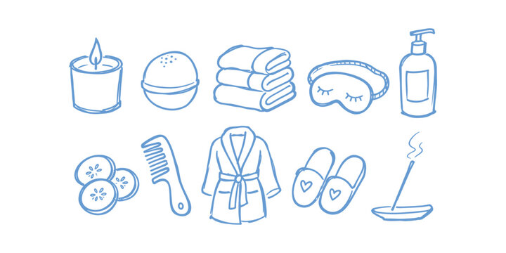 spa wellness elements and self care beauty doodle icon set with candle bath bomb towel sleeping mask and bathrobe vector illustration
