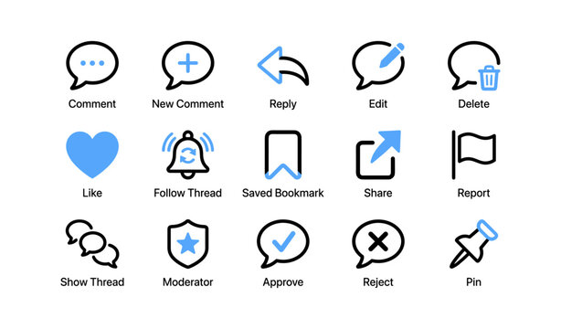 Messaging and moderation icons for comments and threads