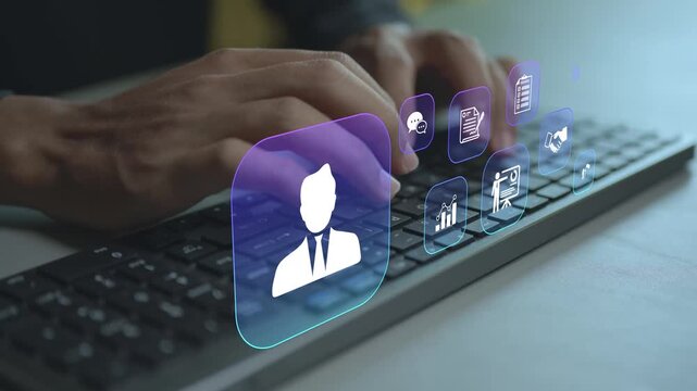 Human resources management concept. Person typing keyboard with employee and organization icons, workforce management, talent acquisition and human capital development.