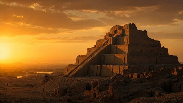 Majestic stepped ziggurat ruins at twilight against golden desert sky.