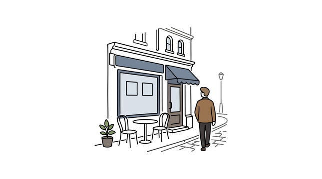 A man walking on the sidewalk past a cozy street cafe.