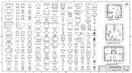 Architectural floor plan template with various furniture icons and symbols © Saharia