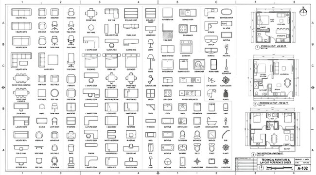 Architectural floor plan template with various furniture icons and symbols