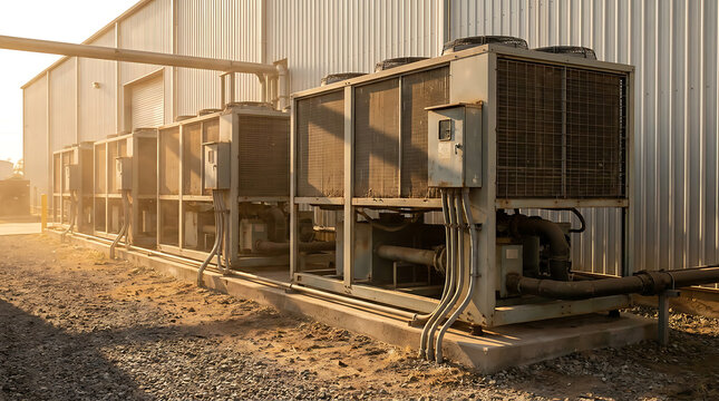 Row of industrial air conditioner chiller units outside a commercial building. Heavy duty HVAC cooling system equipment at sunset