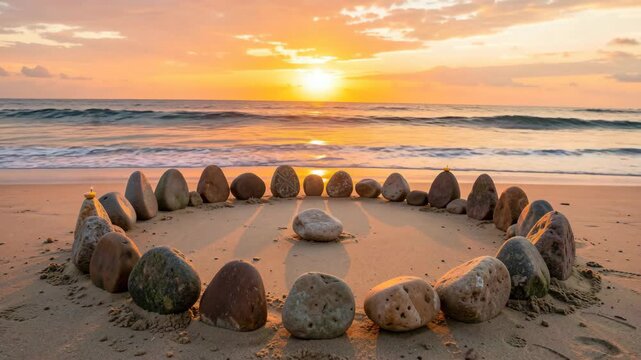 A tranquil beach scene captures the essence of a day's end with shells in a circle under a vibrant sunset.