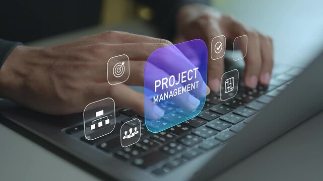 Project management concept. Person using laptop with task planning and workflow icons, project coordination, team collaboration and business productivity.