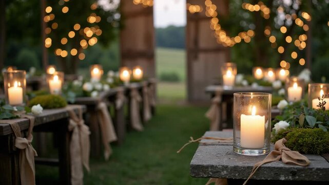 A beautifully arranged garden wedding reception with candlelight and string lights.