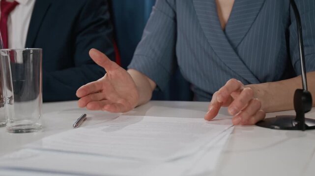 Woman wearing glasses speaking at international political summit, gesturing with hands. Footage is suitable for news broadcasts, political campaigns, or corporate videos close up shot