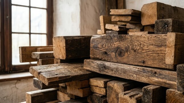 Stacked reclaimed lumber and rough hewn timber near window