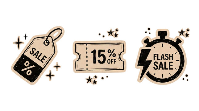 Hand drawn beige sale icons collection including a percentage price tag fifteen percent off coupon and flash sale stopwatch graphic with discount promotion stopwatch percentage shopping marketing