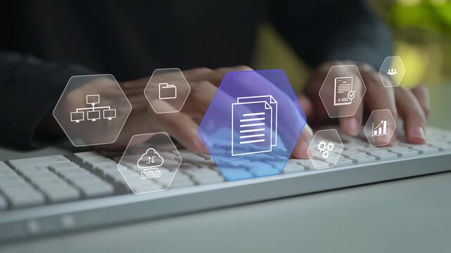 ERP enterprise resource planning concept. Person typing keyboard with business process and enterprise management icons, resource planning, workflow integration and operational efficiency.