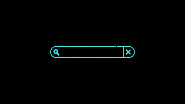 Minimalist neon search bar UI animation, digital interface for web and app glowing cyan search box on black background. 4k video.