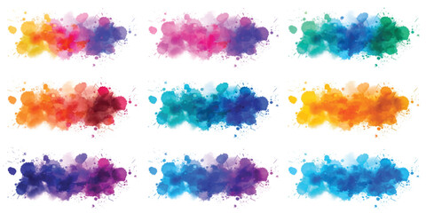 Set of colorful watercolor splashes and paint strokes with ink splatter texture, artistic vector design elements for decoration and illustration background pattern © JAFOR