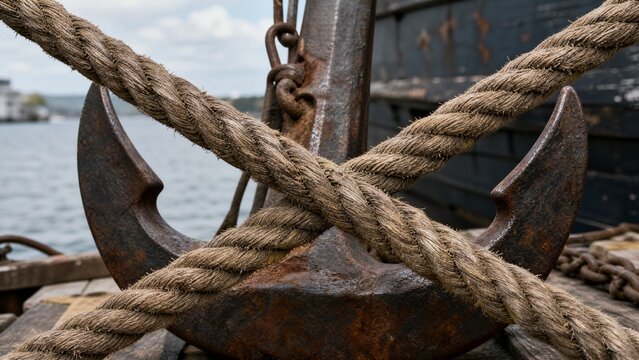 Two thick, weathered hemp ropes crossed, securing a rusted ship's anchor.