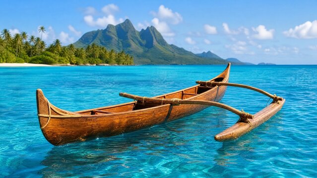 Traditional canoe with wooden outrigger on calm blue ocean under tropical sun.