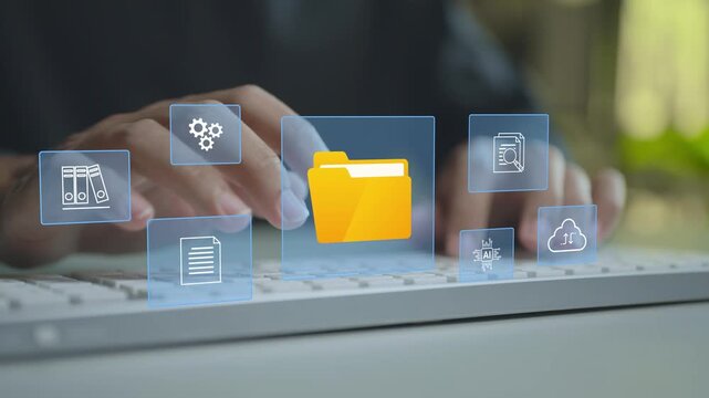 Document management system concept. Person typing keyboard with digital file and document workflow icons, secure data storage, information organization and business process management.