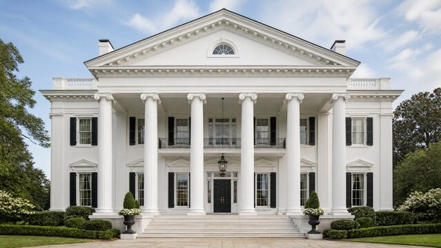 Greek Revival mansion with white columns and triangular pediment under daylight.