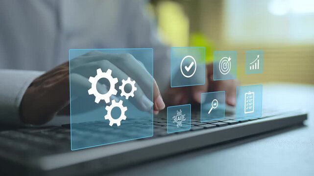 Operations management concept. Person typing keyboard with workflow and business process icons, operational efficiency, resource coordination and performance optimization.