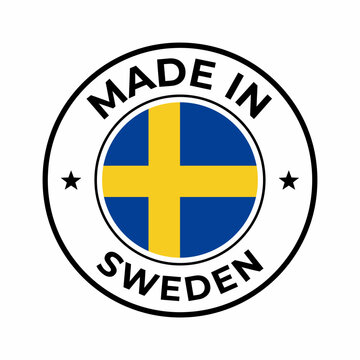 Made in Sweden stamp with Swedish flag and text on white background