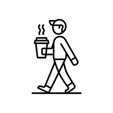 A black line of a waiter in a cap and apron walking while holding a steaming cup of coffee, isolated on a white background, flat for cafe service