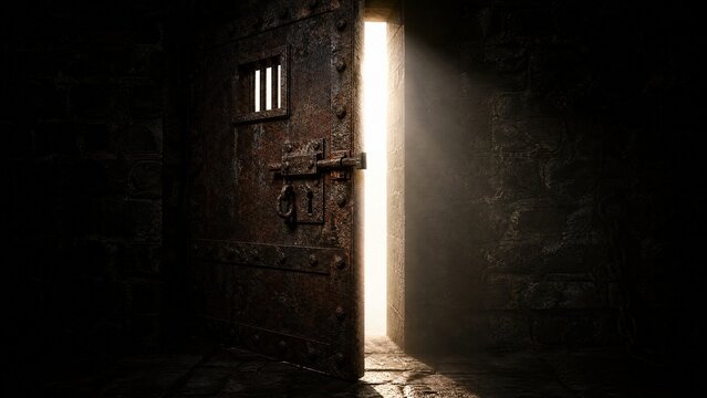 Heavy rusted iron prison door ajar with light streaming in.