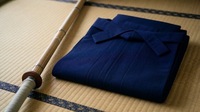 A neatly folded deep blue hakama and bamboo sword on tatami mat flooring.