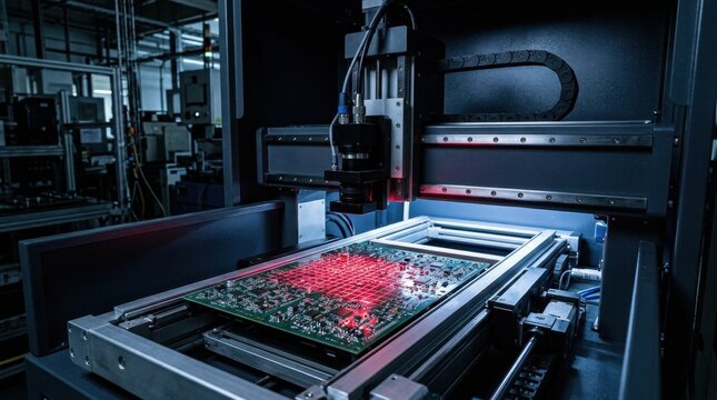 Automatic optical inspection machine scanning printed circuit board with laser. Industrial manufacturing process of electronic equipment. Electronics production and quality control technology.