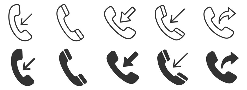 phone receiver icons set with call arrows and solid and outline styles vector illustration on transparent background
