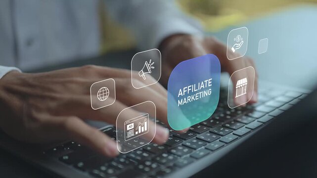 Affiliate marketing concept. Person using laptop with partnership and commission icons, referral marketing, online sales growth and performance based advertising.