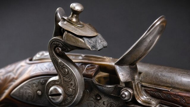 Close-up detail of ornate flintlock pistol focusing on flint against frizzen.