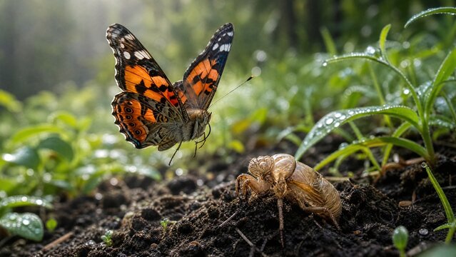 Vibrant butterfly taking flight beside an empty cicada shell in soil.