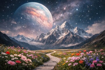 Obraz premium Cosmic landscape with vibrant flowers.