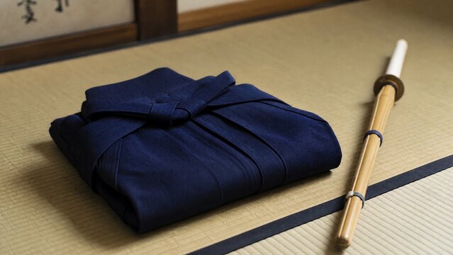 A neatly folded deep blue hakama and bamboo sword on tatami mat flooring.