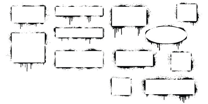 Set of black graffiti spray paint frames and banners with paint drips