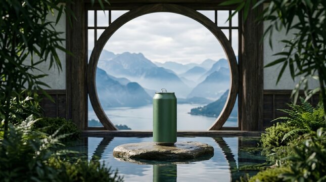Blank green aluminum beverage can on a stone in a serene zen Asian garden with a moon gate view of misty mountains