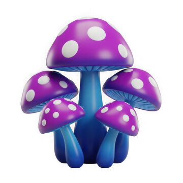 Group of cute purple mushrooms with white spots in a 3d render style