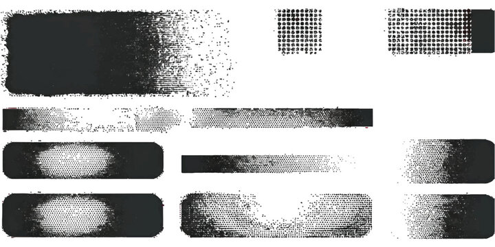 Set of black halftone pattern buttons and shapes with gradient dot textures for graphic design